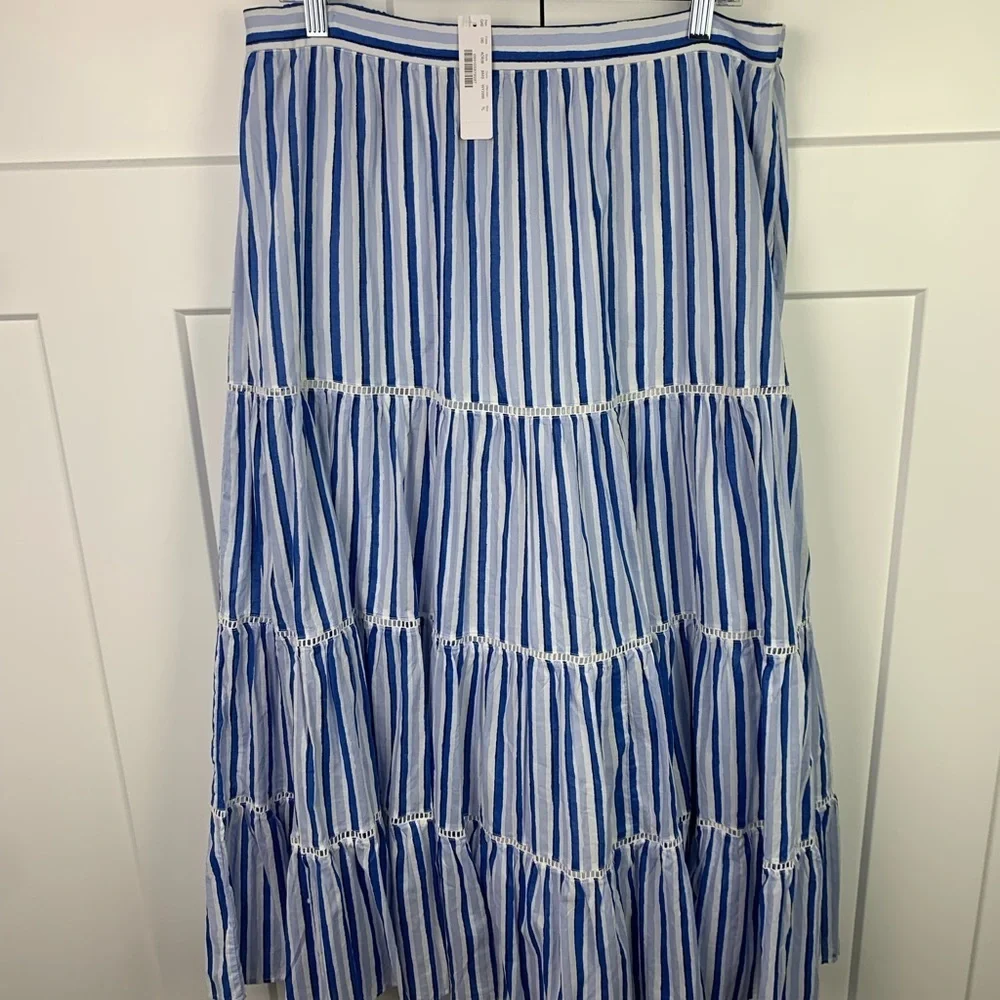 NWT J Crew Large Tall LT Striped Midi Skirt Tiered Cottagecore Blue Indie boho